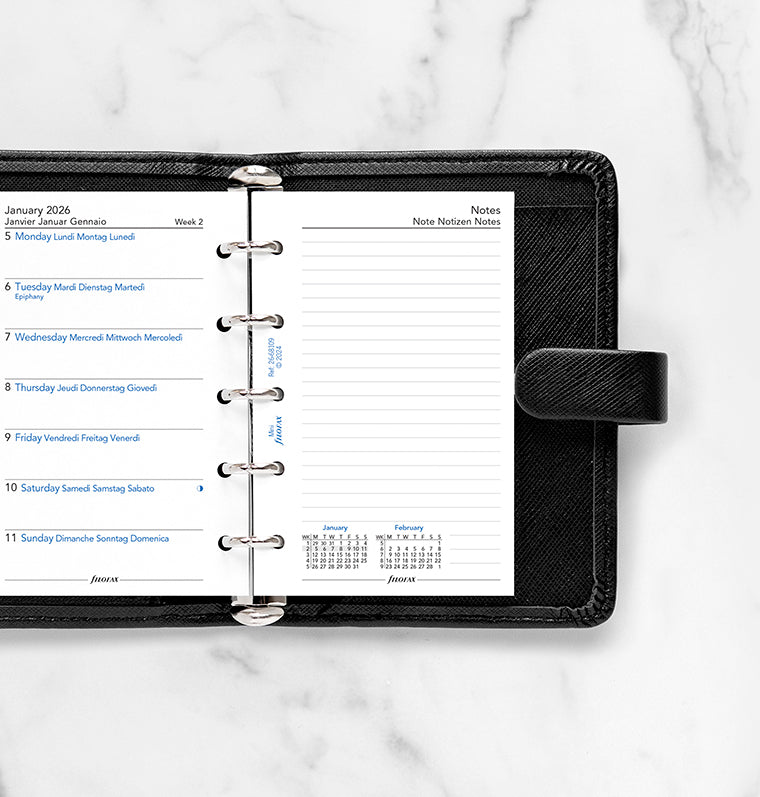 Filofax 1 Woche / 1 Seite + 1 Seite Notizen, multilingual Mini 2026 26-68109