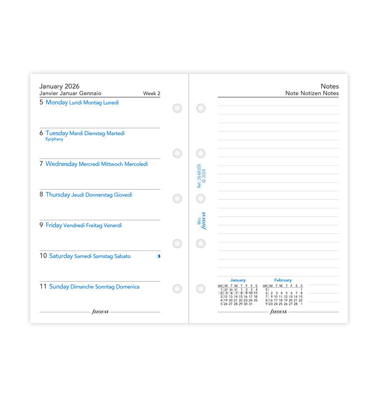 Filofax 1 Woche / 1 Seite + 1 Seite Notizen, multilingual Mini 2026 26-68109