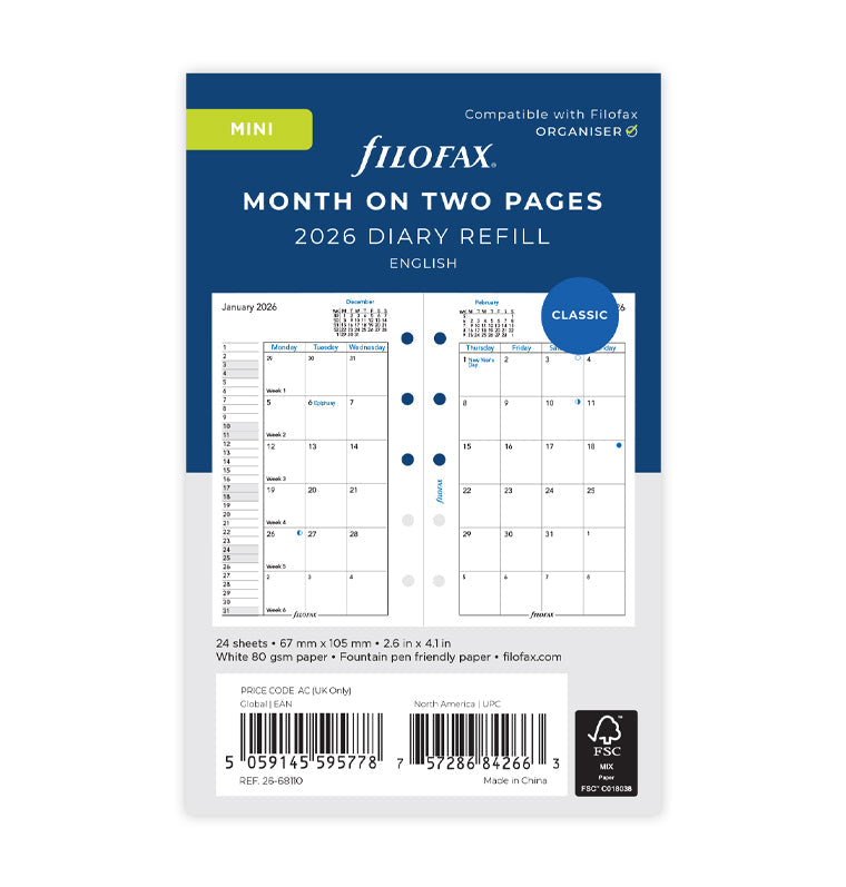 Filofax 1 Monat / 2 Seiten englisch Mini 2026 26-68110