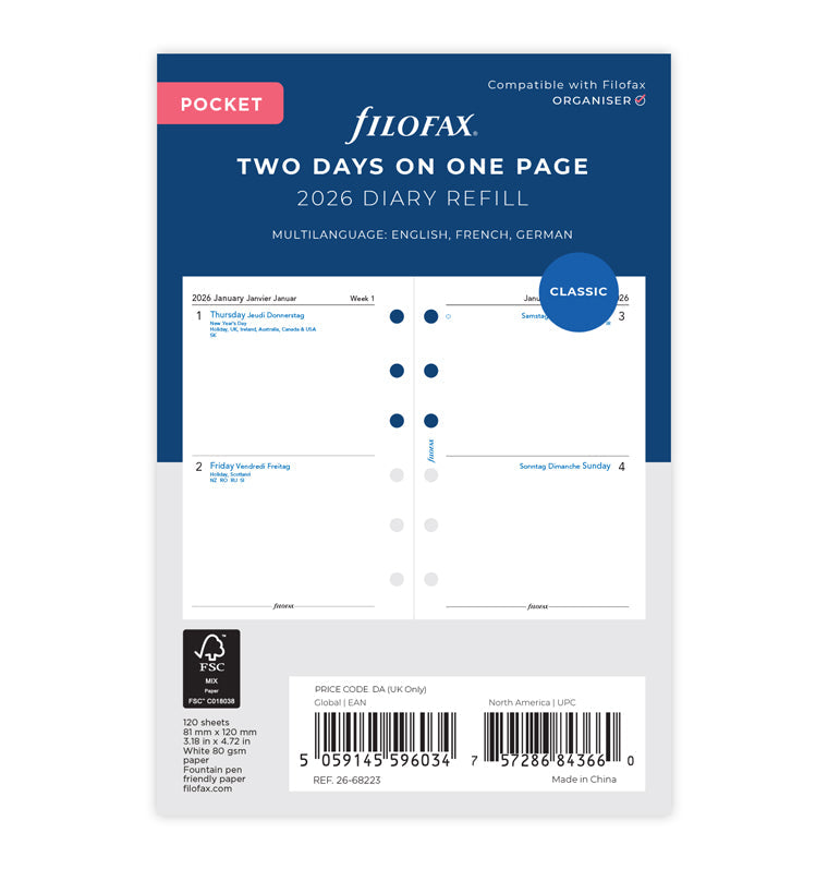 Filofax 2 Tage / 1 Seite multilingual Pocket 2026 26-68223