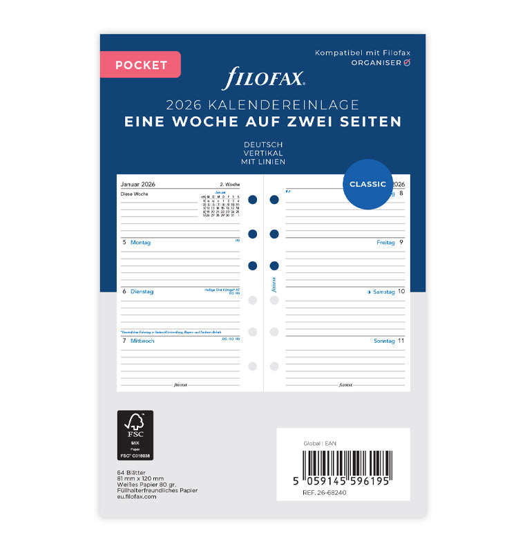 Filofax 1 Woche / 2 Seiten deutsch Pocket 2026 26-68240