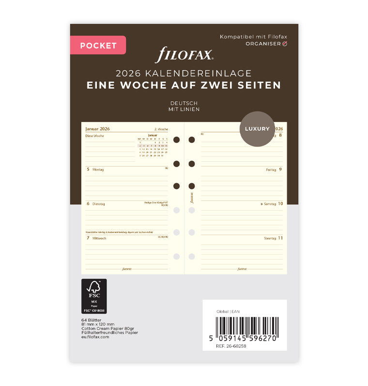 Filofax 1 Woche / 2 Seiten deutsch Pocket 2026 26-68258