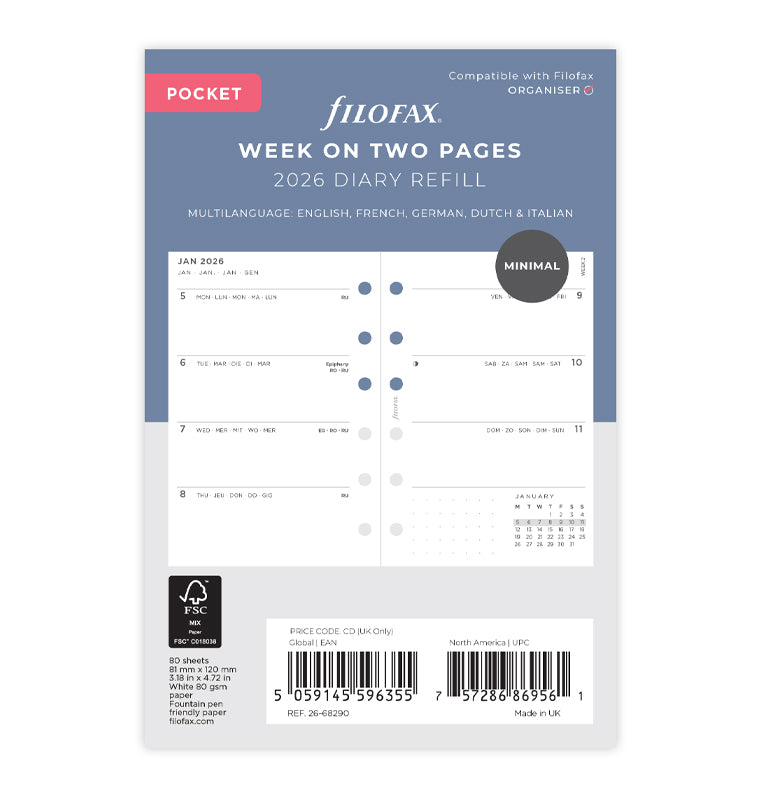 Filofax Minimal Kalender 1 Woche / 2 Seiten Pocket 2026 26-68290
