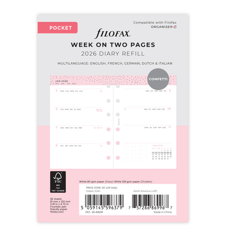 Filofax Confetti Kalender 1 Woche / 2 Seiten Pocket 2026 26-68291