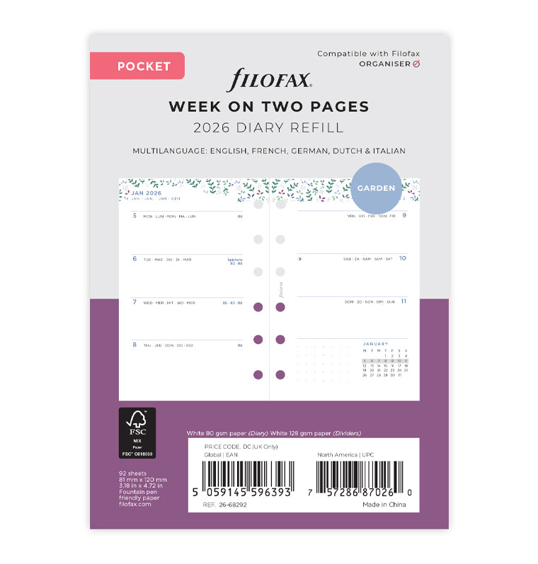 Filofax Garden Kalender 1 Woche / 2 Seiten Pocket 2026 26-68292