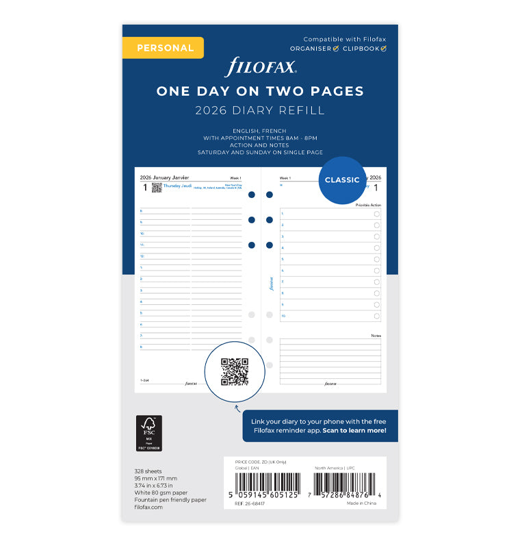 1 Tag / 2 Seiten französisch/englisch Personal 2026 Filofax 26-68417_