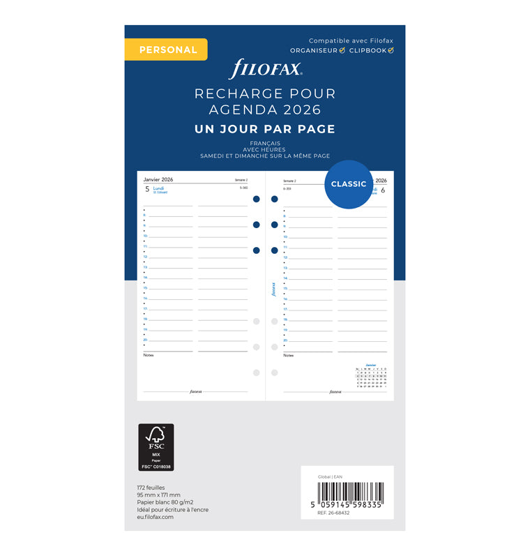 Recharge Filofax 2026 - Personal - Français - Un jour par page - 26-68432