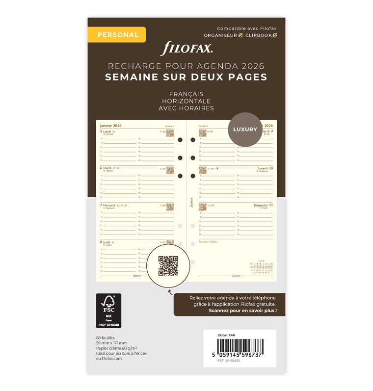 Recharge Filofax 2026 - Personal - Cotton Cream - Français - Une Semaine sur Deux Pages - 26-68435