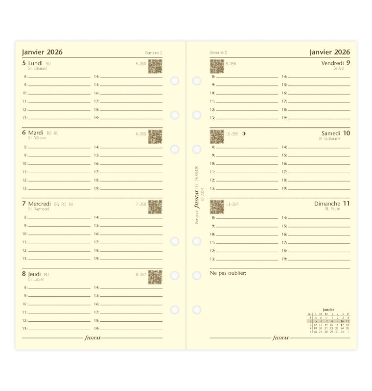 Recharge Filofax 2026 - Personal - Cotton Cream - Français - Une Semaine sur Deux Pages - 26-68435