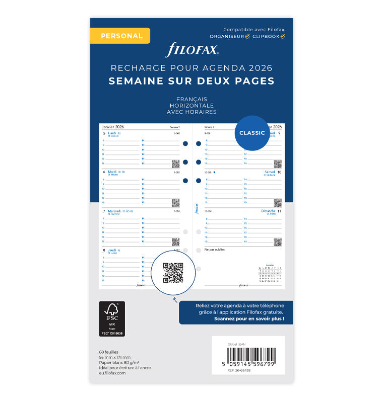 Recharge Filofax 2026 - Personal- Semaine sur deux pages - Français 26-68438