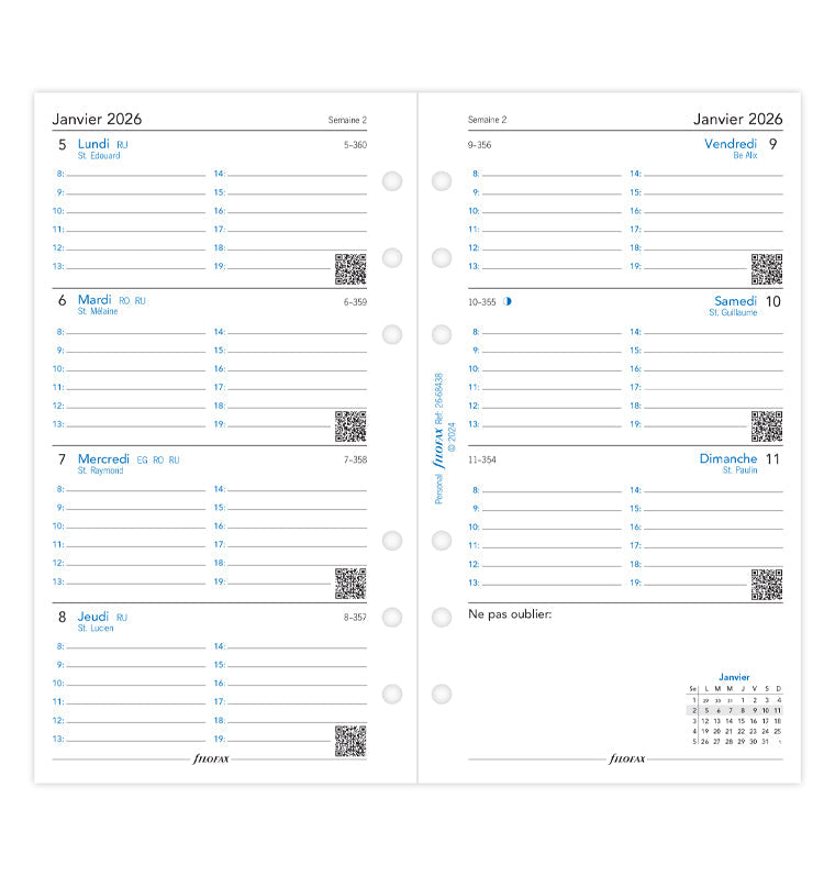 Recharge Filofax 2026 - Personal- Semaine sur deux pages - Français 26-68438