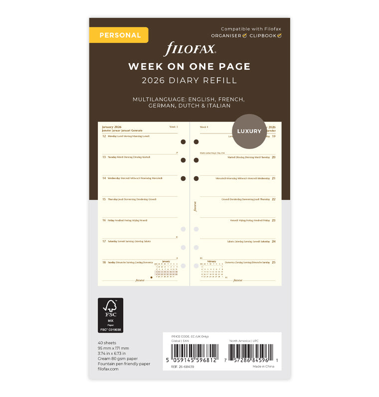 Filofax 1 Woche / 1 Seite multilingual Personal 2026 26-68439