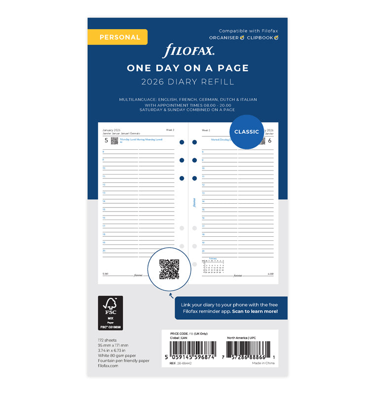 Filofax 1 Tag / 1 Seite multilingual Personal 2026 26-68442