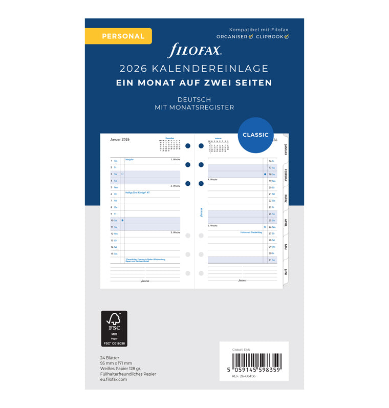 Filofax 1 Monat / 2 Seiten deutsch Personal 2026 26-68456