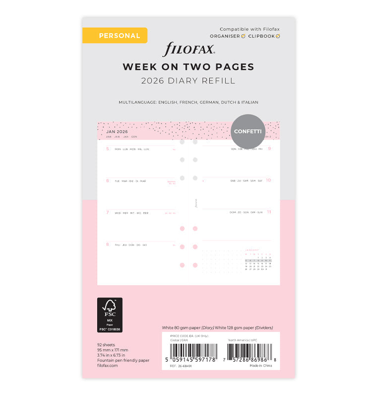 Filofax Confetti Kalender 1 Woche / 2 Seiten Personal 2026 26-68491