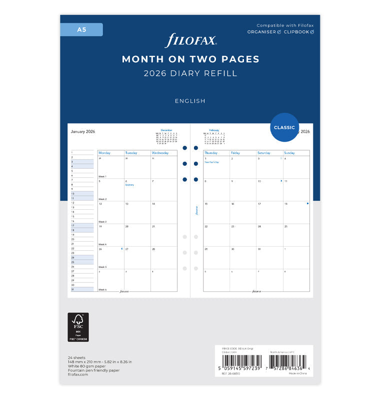 1 Monat / 2 Seiten englisch A5 2026 Filofax 26-68510