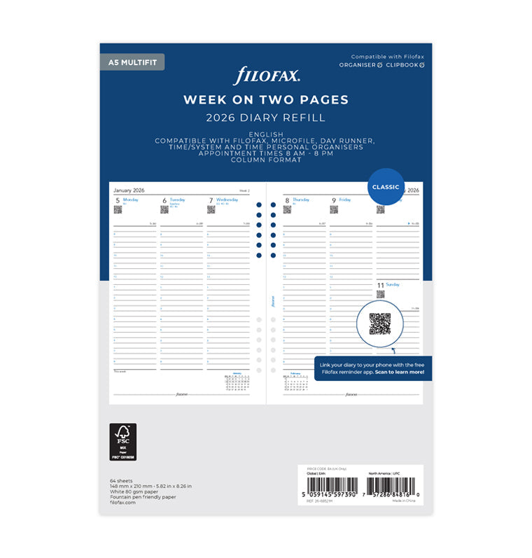 1 Woche / 2 Seiten englisch multifit-Lochung A5 2026 Filofax 26-68521M