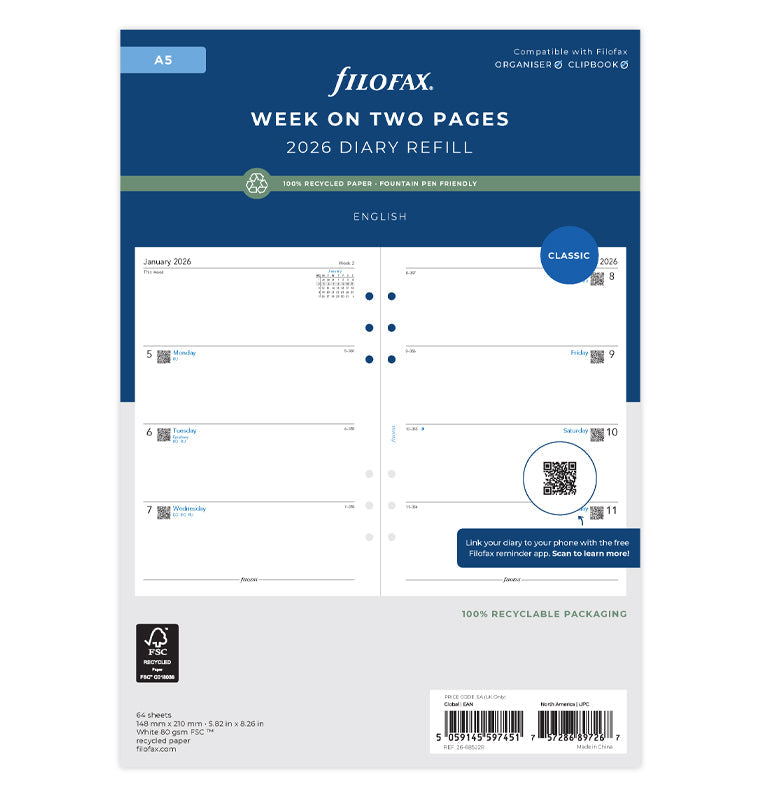 Filofax 1 Woche / 2 Seiten englisch A5 2026- Recyclingpapier 26-68522R