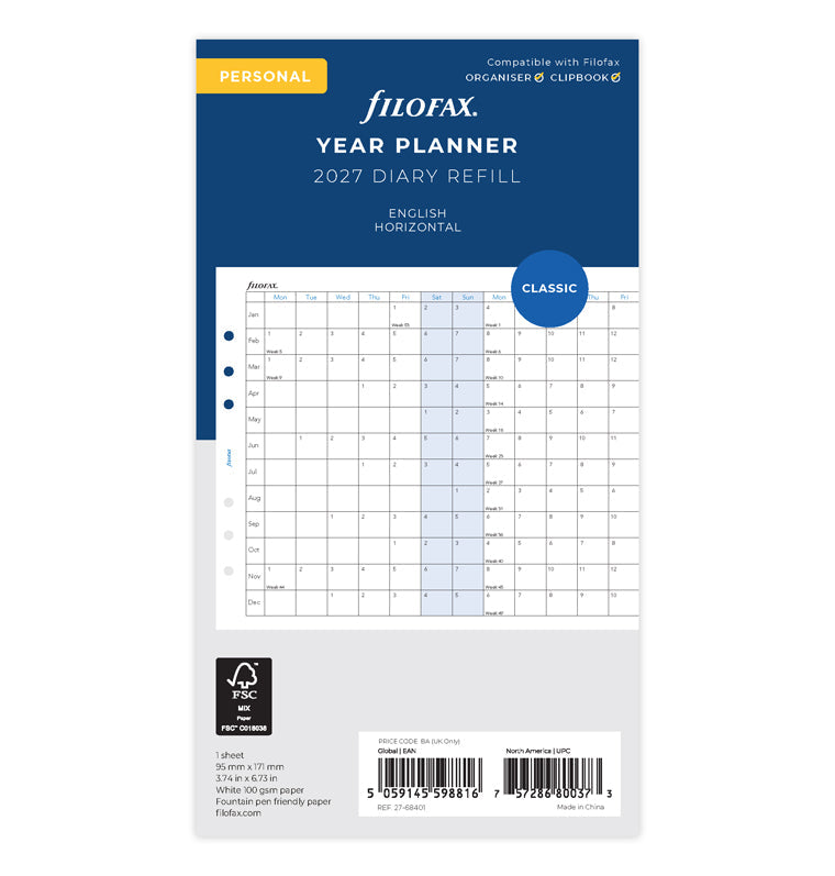 Horizontal Year Planner - Personal 2027 English, 27-68401