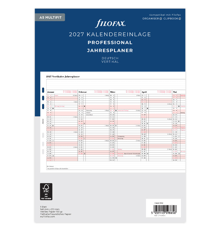 Filofax A5 Year Planner - Vertical Layout Diary Refill - Select